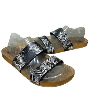 REEF Cushion Vista Slides Double Straps Sandal Black Palm Vegan Leather Sz 10